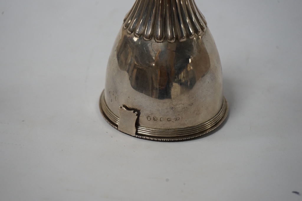 A George III silver wine funnel by Hannah Northcote?, London, 1805, with unmarked associated? strainer, 13.5cm. Condition - poor to fair